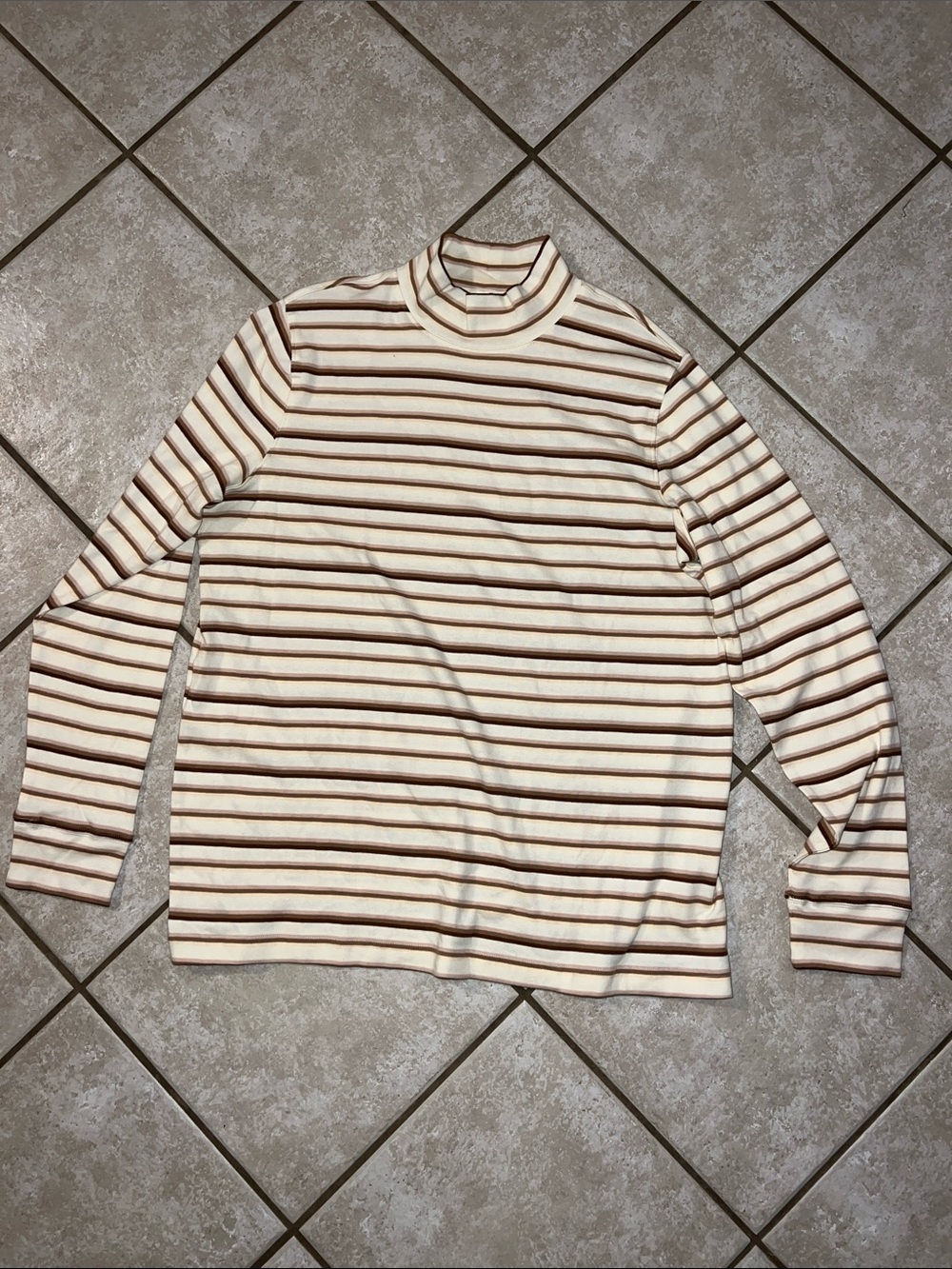 Lands' End Cream and Brown Striped Mock Neck Top
